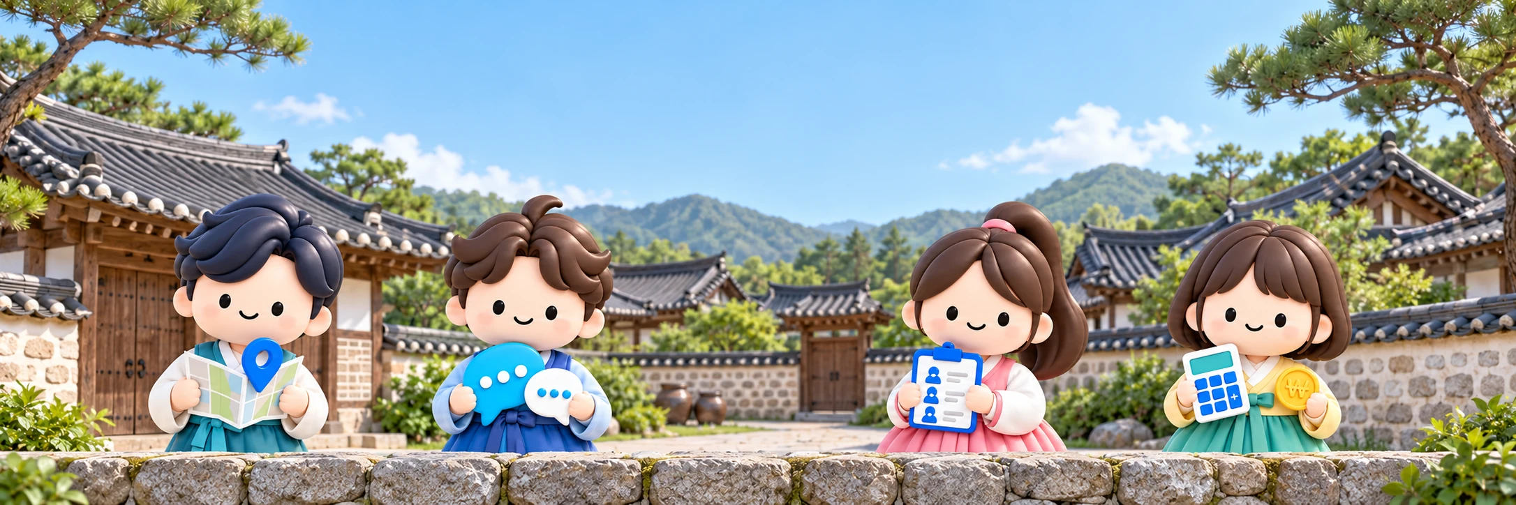 조선시대 한옥 마을에서 한복을 입은 인텔리 캐릭터 네 명